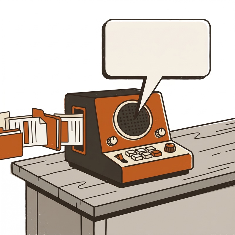 Illustration of an old workshop intercom on a desk with a blank speech bubble — it starts with a conversation.